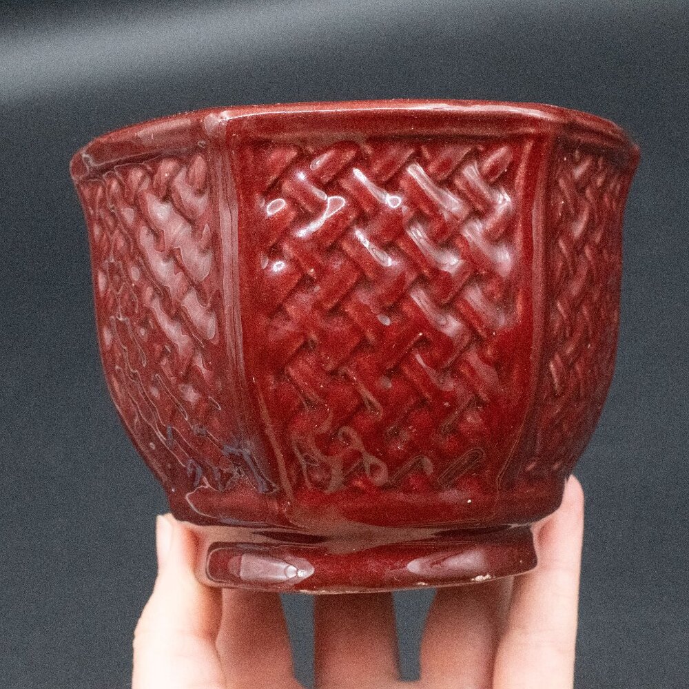 Vintage Maroon Burgundy Red Basket Weave Ceramic Mini Planter 4.5" Diameter